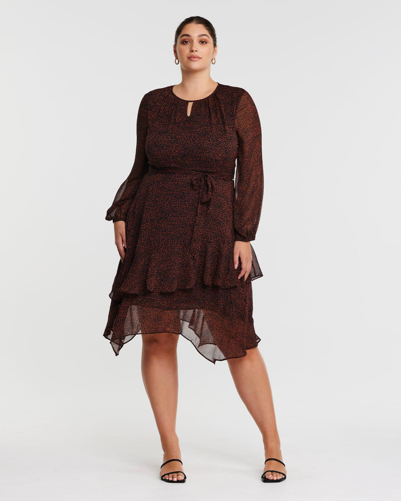 Front of a model wearing a size 18W Camilla Dot Dress in BLACK/WALNUT by Estelle. | dia_product_style_image_id:315535
